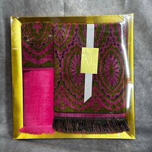 Vintage Martex 3pc Towel Set Frosted Pink Paisley Damask Fringed Cotton New Box